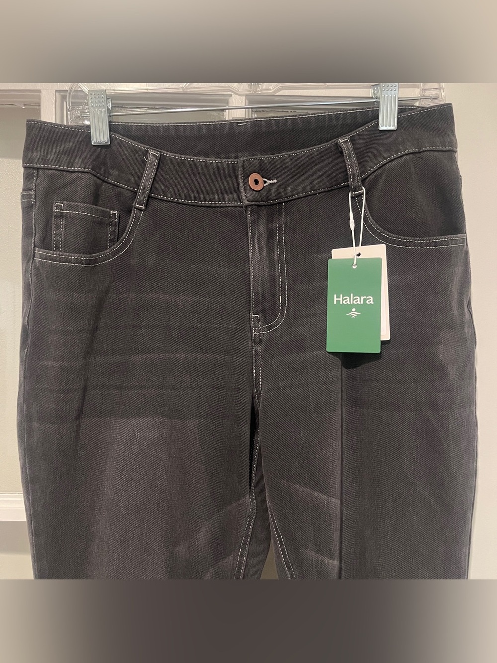 NWT Halara Flex Denim Mid Rise Gray Flare Jeans Zipper And Bottom Fly Sz Large - Picture 3 of 12